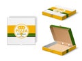 Pizza box design. Realistic fast food mockup, cardboard branded packaging with pizzeria logo, restaurant delivery box