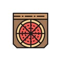 Pizza in box, fast food takeaway flat color line icon.