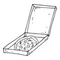 Pizza box icon. Vector illustration of pizza in box. Hand drawn pizza. Open box with delicious pizza