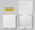 Pizza box. Open and closed pizza pack, top view paper white carton mockup, meal delivery, fast food lunch realistic Royalty Free Stock Photo