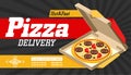 Pizza box vector advertisement banner. Pizza box delivery service