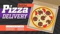Pizza box vector advertisement banner. Pizza box delivery service