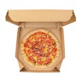 Pizza in brown corrugated fiberboard take-out box isolated