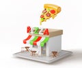 Pizza building exterior, italian cafe pizzeria isometric 3d render. Small street restaurant with tables and chairs on