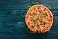 Pizza capricciosa. Mozzarella, ham, mushrooms, olives. Top view. Royalty Free Stock Photo