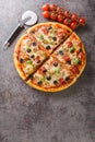 Pizza capricciosa with white mushrooms, ham, artichoke, tomatoes, olives, parmesan and mozzarella on wooden board. Vertical top Royalty Free Stock Photo