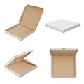 Pizza carton boxes realistic mockups set open, closed. Fastfood cardboard square packaging. Royalty Free Stock Photo