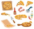 Pizza cartoon set. Fast food. Italian pizzas with greens, pepper, tomato, olive, cheese, mushroom, ketchup stain. Pizza pieces and