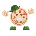 Pizza character face in a green top hat with clover hands and shoes on a white isolated background. Vector image