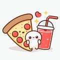 Pizza character with a soda drink, snack food icon, cute kawaii cartoon style vector illustration, generative ai