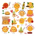 Pizza characters funny elements for pizzeria set, vector illustration. Delicious dinner with tasty pepperoni snack in