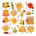 Pizza characters funny elements for pizzeria set, vector illustration. Delicious dinner with tasty pepperoni snack in