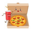 Pizza characters mascot funny elements for pizzeria vector illustration. Delicious dinner with tasty pepperoni snack in