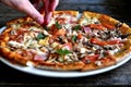 Pizza with cheese, bacon, tomato and herbs in a white bowl on a background of old boards. Royalty Free Stock Photo