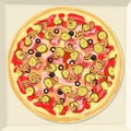 Pizza with cheese, ham, ketchup, pickled vegetables and mushrooms