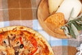 Pizza and cheese platter on a checkered bedspread. Summer picnic Royalty Free Stock Photo