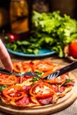 Pizza with cheese, tomatoes and salami