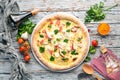 Pizza with chicken fillet, feta cheese and mozzarella. Italian traditional dish. Royalty Free Stock Photo