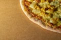 Pizza with chicken, pineapple and cheese with blue mould. Copy space Royalty Free Stock Photo