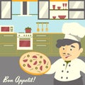 Pizza chief cook illustration with kitchen interior background. Flat vector design. Soft color palette.