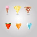 Pizza, citrus, watermelon, ice cream, diamond, cheese symbol pointing at a map . Shop emblem. point location set