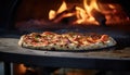 Pizza close-up, blurred background with flames from the wood-fired oven, dreamy atmosphere Royalty Free Stock Photo