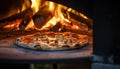 Pizza close-up, blurred background with flames from the wood-fired oven, dreamy atmosphere Royalty Free Stock Photo