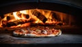 Pizza close-up, blurred background with flames from the wood-fired oven, dreamy atmosphere Royalty Free Stock Photo