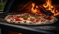 Pizza close-up, blurred background with flames from the wood-fired oven, dreamy atmosphere Royalty Free Stock Photo