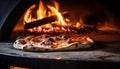 Pizza close-up, blurred background with flames from the wood-fired oven, dreamy atmosphere Royalty Free Stock Photo