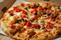 Pizza, close up photo of a delicious pizza with mozzarella cheese, onions, meat, tomato Royalty Free Stock Photo