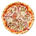 Pizza with cold cuts and onions, top view, isolated on white background.