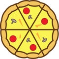 The pizza colored icon is completely sliced into 6 pieces with tomatoes and cheese