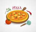 Pizza concept with tomato pepper and basil, vector cartoon illustration