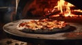 a pizza cooking in a wood burning oven Royalty Free Stock Photo