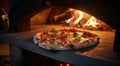 a pizza cooking in a wood burning oven Royalty Free Stock Photo