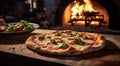 a pizza cooking in a wood burning oven Royalty Free Stock Photo