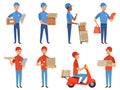 Pizza courier characters. Fast food deliver working in various action poses vector mascot design in cartoon style