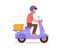 Pizza courier on motorbike flat character Royalty Free Stock Photo