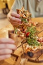 Pizza covered with roquette and shrimps close up. Royalty Free Stock Photo
