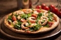 Pizza covered with roquette and shrimps Royalty Free Stock Photo