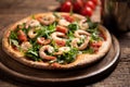 Pizza covered with roquette and shrimps Royalty Free Stock Photo