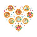 Pizza Creative Design with Baked Round Dough Heart Shaped Vector Composition