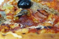 Pizza cuts with anchovies and black olives and salami