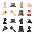 A pizza cutter, a slice, a menu in a pizzeria, a courier. Pizza and pizzeria set collection icons in black,cartoon style