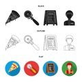 A pizza cutter, a slice, a menu in a pizzeria, a courier. Pizza and pizzeria set collection icons in black,flat,outline
