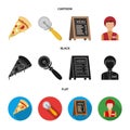A pizza cutter, a slice, a menu in a pizzeria, a courier. Pizza and pizzeria set collection icons in cartoon,black,flat