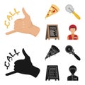A pizza cutter, a slice, a menu in a pizzeria, a courier. Pizza and pizzeria set collection icons in cartoon,black style
