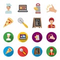 A pizza cutter, a slice, a menu in a pizzeria, a courier. Pizza and pizzeria set collection icons in cartoon,flat style