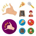 A pizza cutter, a slice, a menu in a pizzeria, a courier. Pizza and pizzeria set collection icons in cartoon,flat style